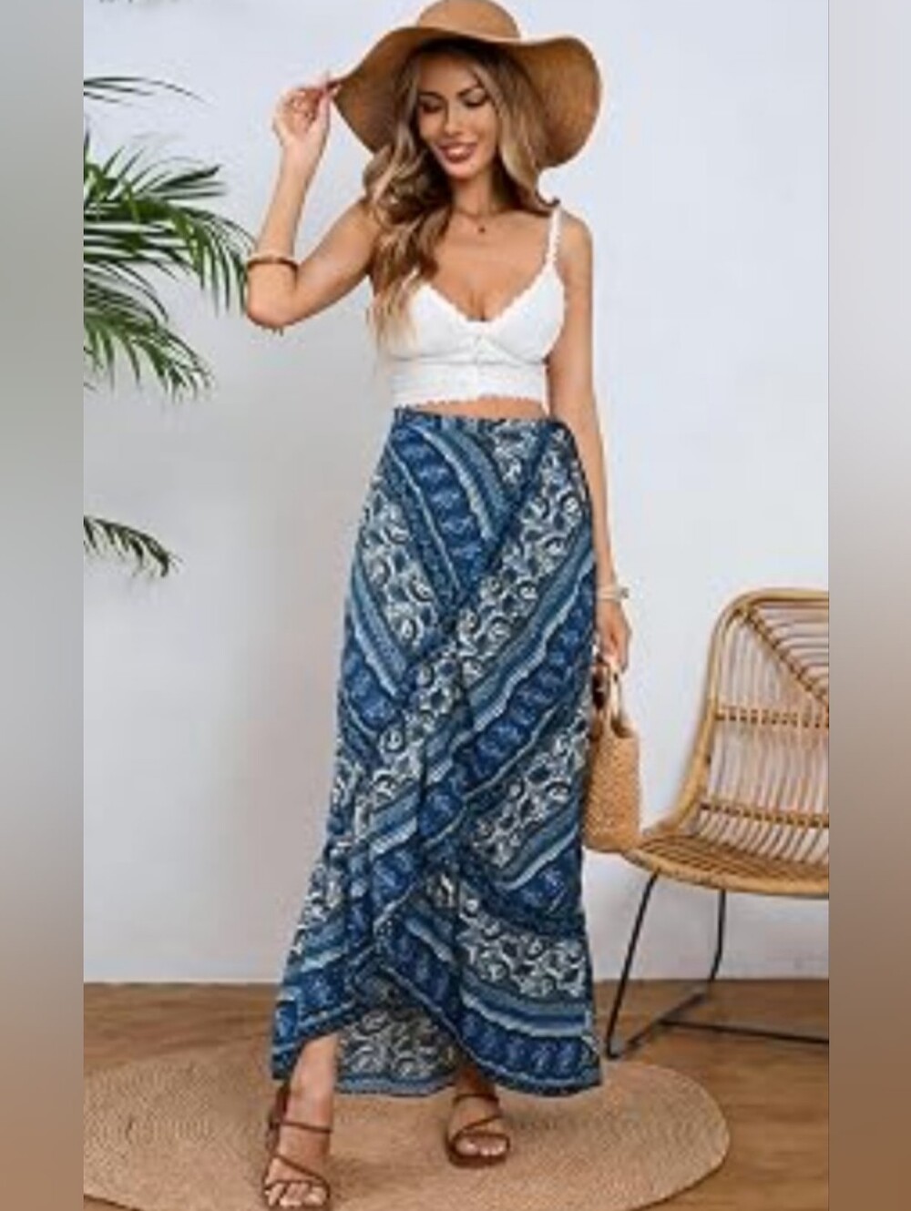Foremode Women's Blue Boho Print Wrap Asymmetrical Maxi Skirt